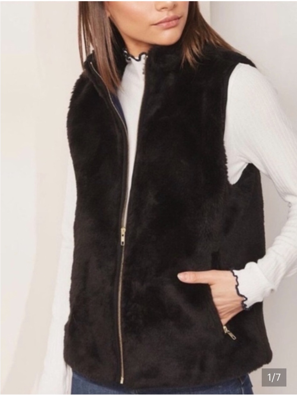 J. Crew Black Faux Fur Zip Front Vest with Gold Zippers